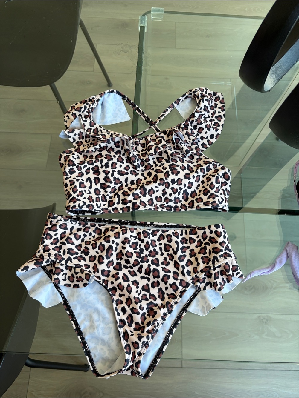 SHEIN Leopard Print Ruffled Two-Piece Kids Swim Bikini - Pink, Brown, Black
